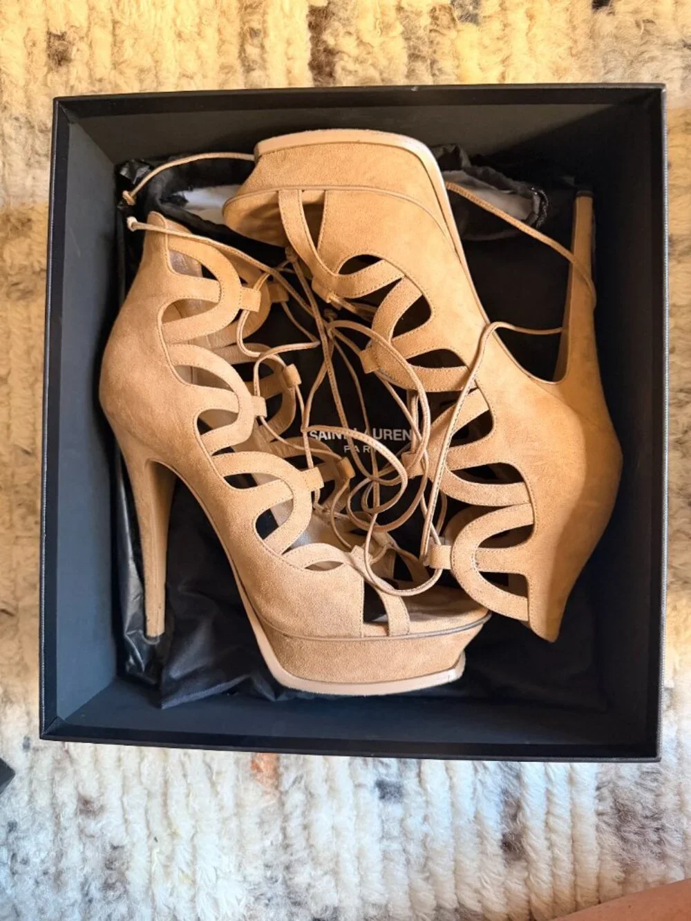 Saint Laurent Paris Suede Lace-Up Platform Heels Nude Beige Size 40 w/ Box - Picture 3 of 8